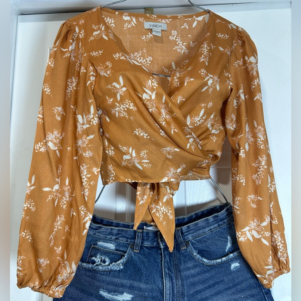 Yireh Mustard Floral Tie-Front Crop Blouse
